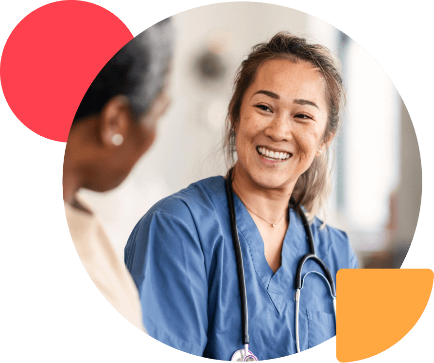 Smiling traveler with stethoscope speaks with patient