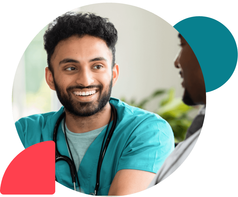 Smiling bearded traveler with stethoscope speaks with patient
